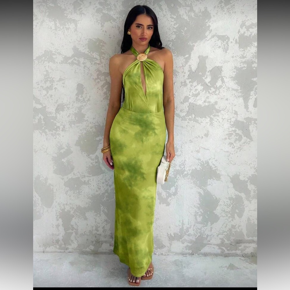 SHEIN Glamine Gold Seashell Halter Neck Green Maxi Dress